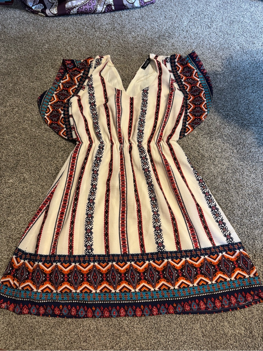 Boho Stripe V-Neck Summer Dress - Cream with Orange & Teal Accents
